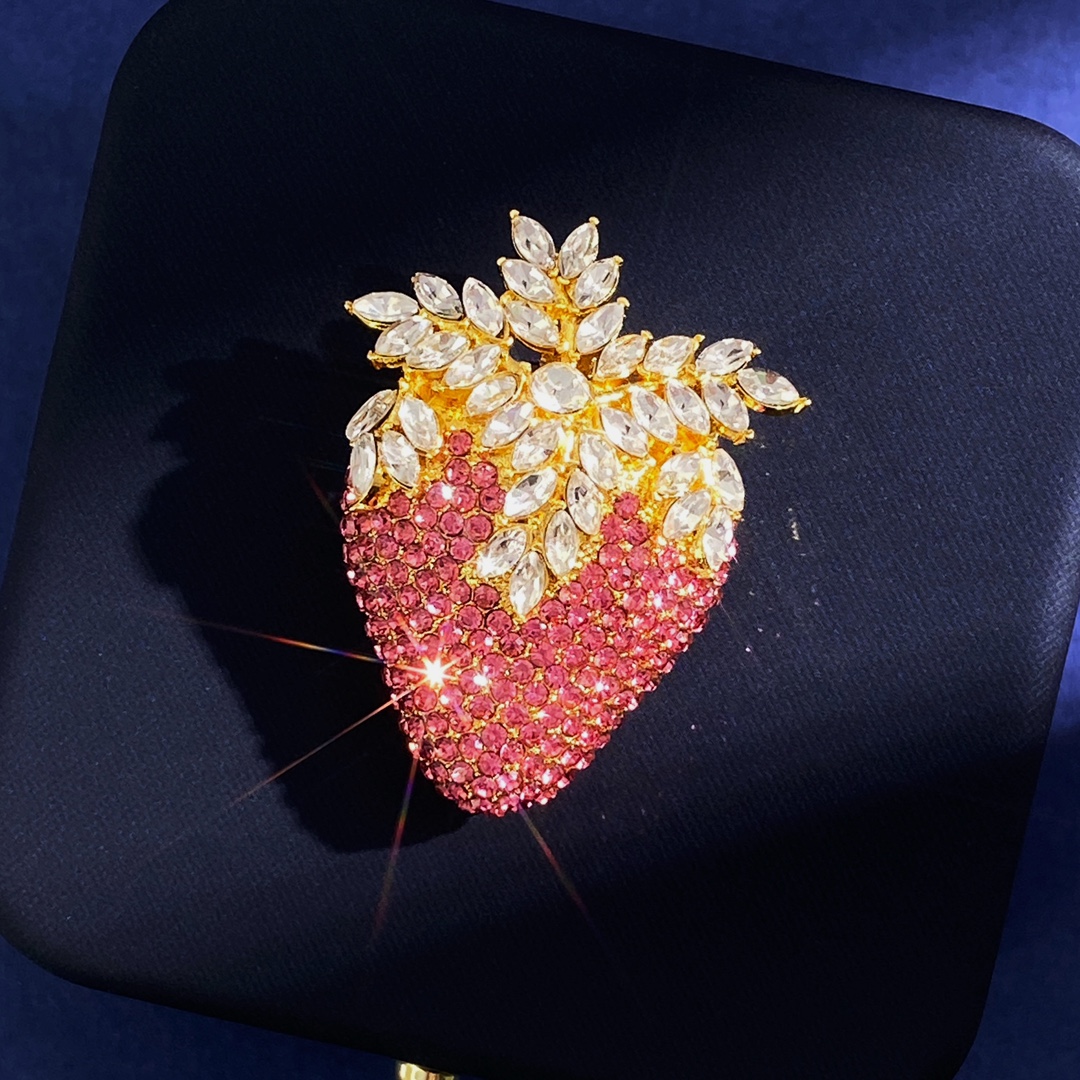 OJB0001 Full crystal diamond Pink strawberry brooch pin - ccfashionjewelry