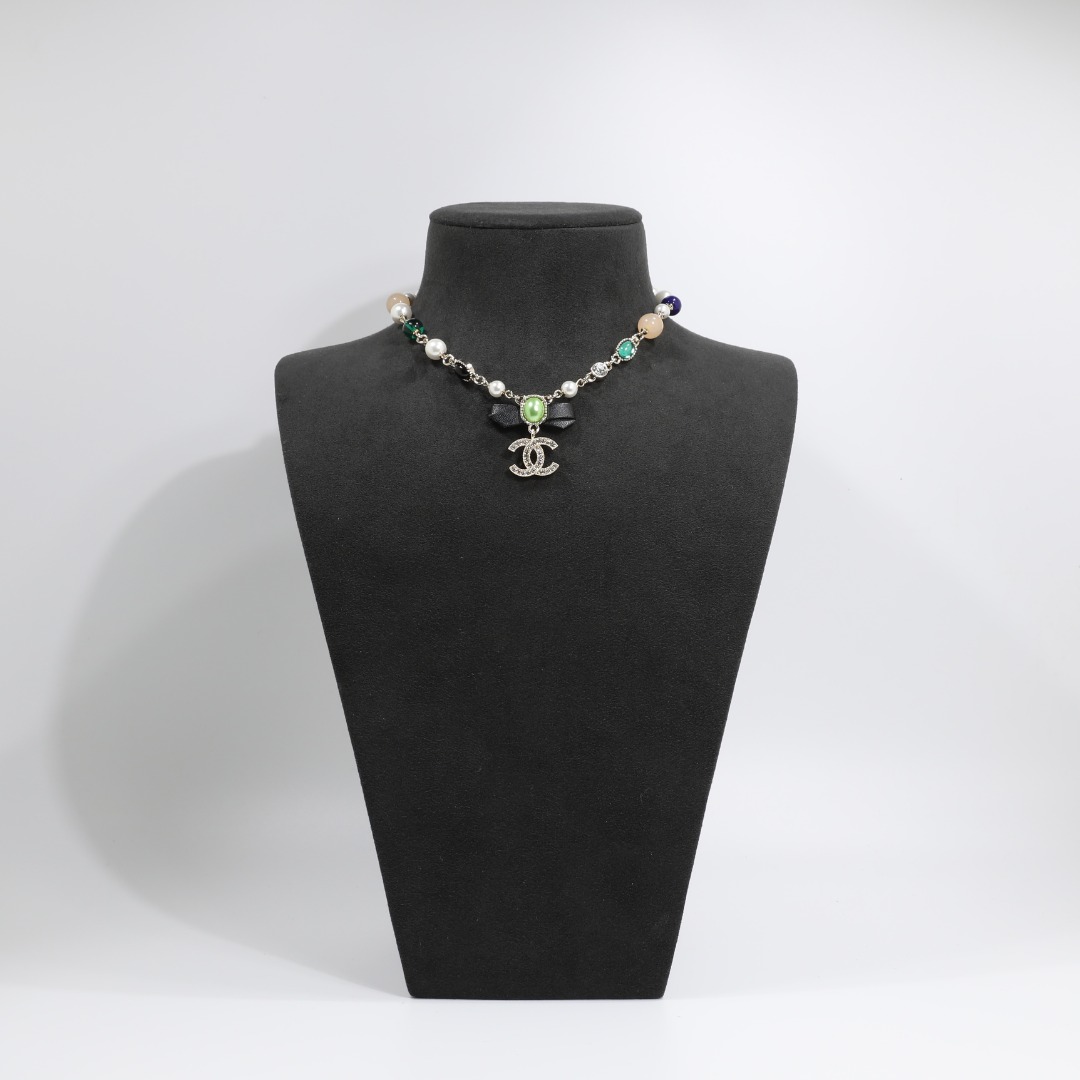 CCN494  Leater bowknot oval color glass bead with crystal cc logo pendant necklace - ccjewelryacc