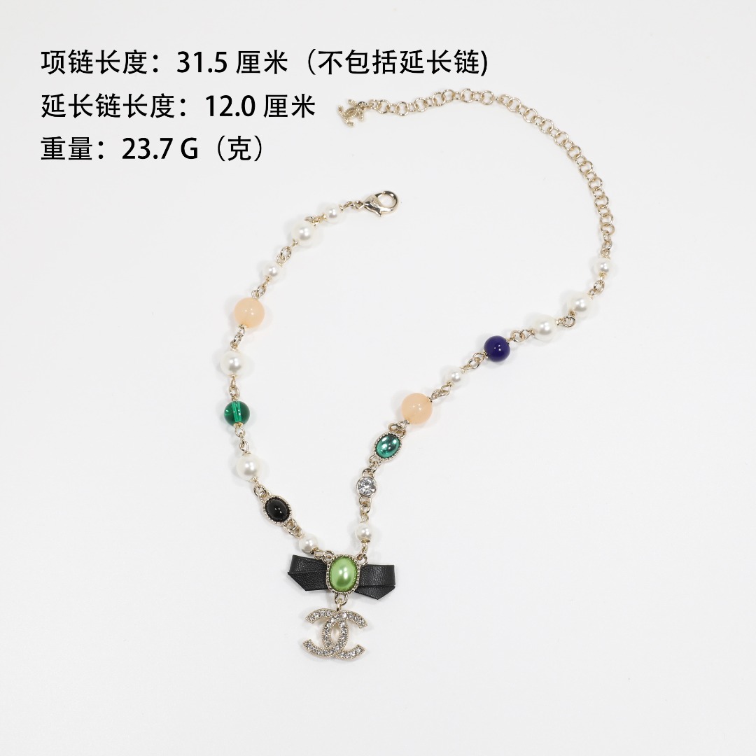 CCN494  Leater bowknot oval color glass bead with crystal cc logo pendant necklace - ccjewelryacc