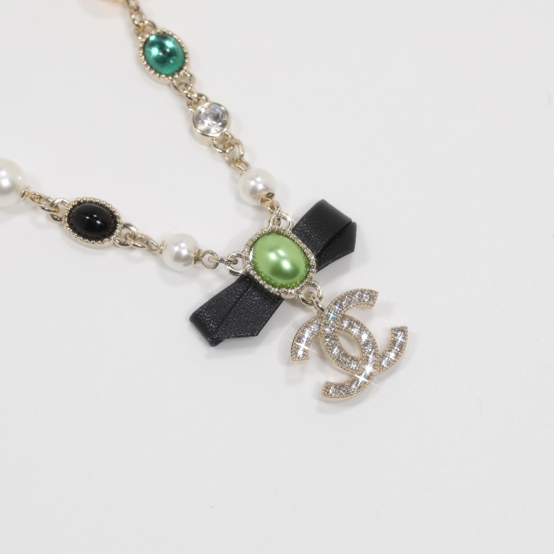 CCN494  Leater bowknot oval color glass bead with crystal cc logo pendant necklace - ccjewelryacc