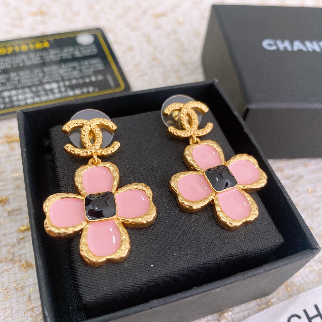 CCE213 CC Logo four leaf clover camellia flower earrings - ccjewelryacc