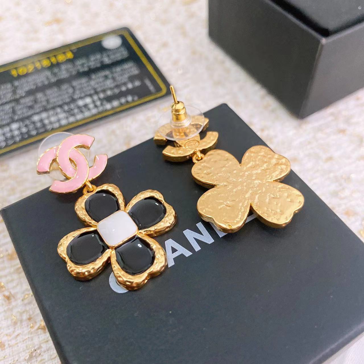 CCE213 CC Logo four leaf clover camellia flower earrings - ccjewelryacc