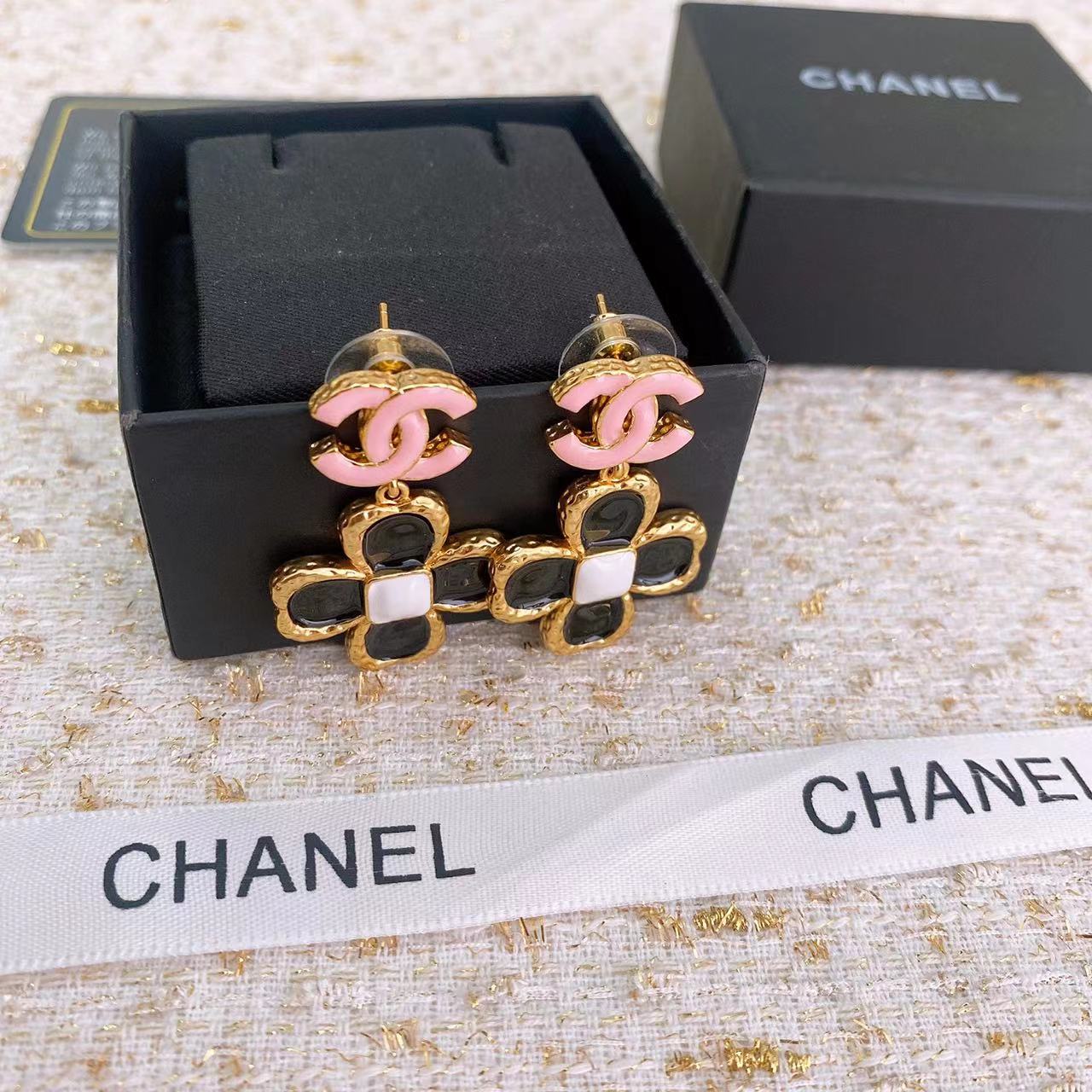 CCE213 CC Logo four leaf clover camellia flower earrings - ccjewelryacc