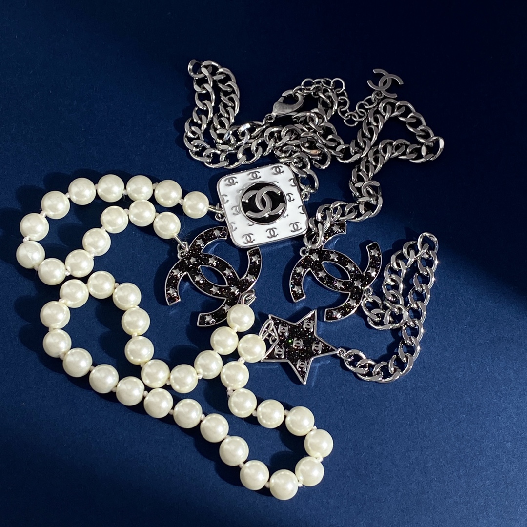CCL066 Metal and pearl chain with star cc logo charm sweater necklace - ccjewelryacc