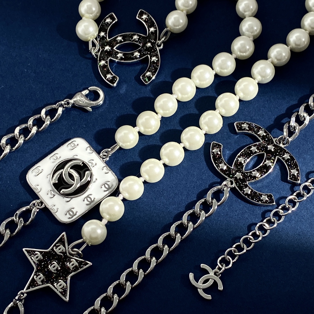 CCL066 Metal and pearl chain with star cc logo charm sweater necklace - ccjewelryacc