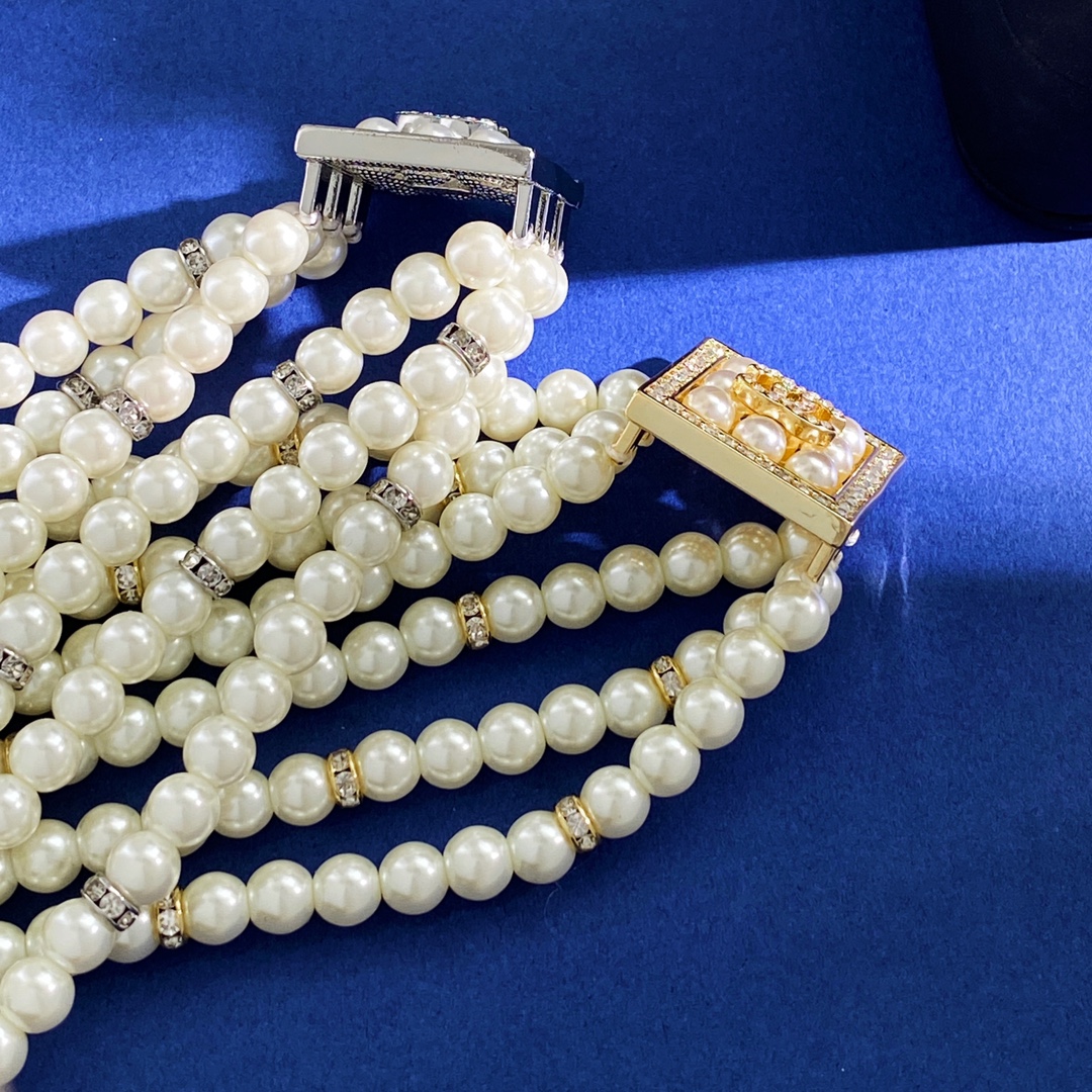 CCN076 Three layers pearl with square pendant choker necklace - ccjewelryacc