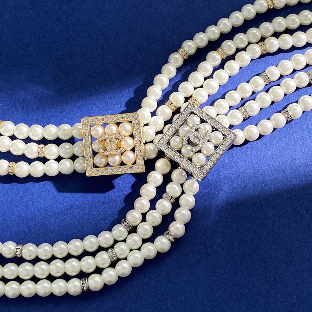 CCN076 Three layers pearl with square pendant choker necklace - ccjewelryacc