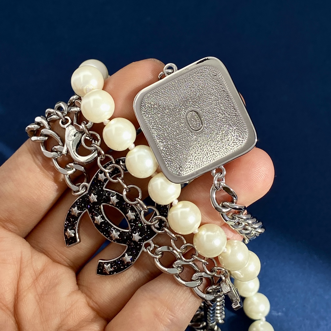 CCL066 Metal and pearl chain with star cc logo charm sweater necklace - ccjewelryacc