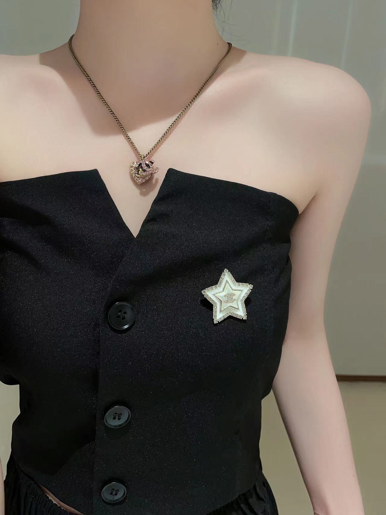 CCN505 Vintage Pink crystal heart and cc logo pendant necklace - ccjewelryacc