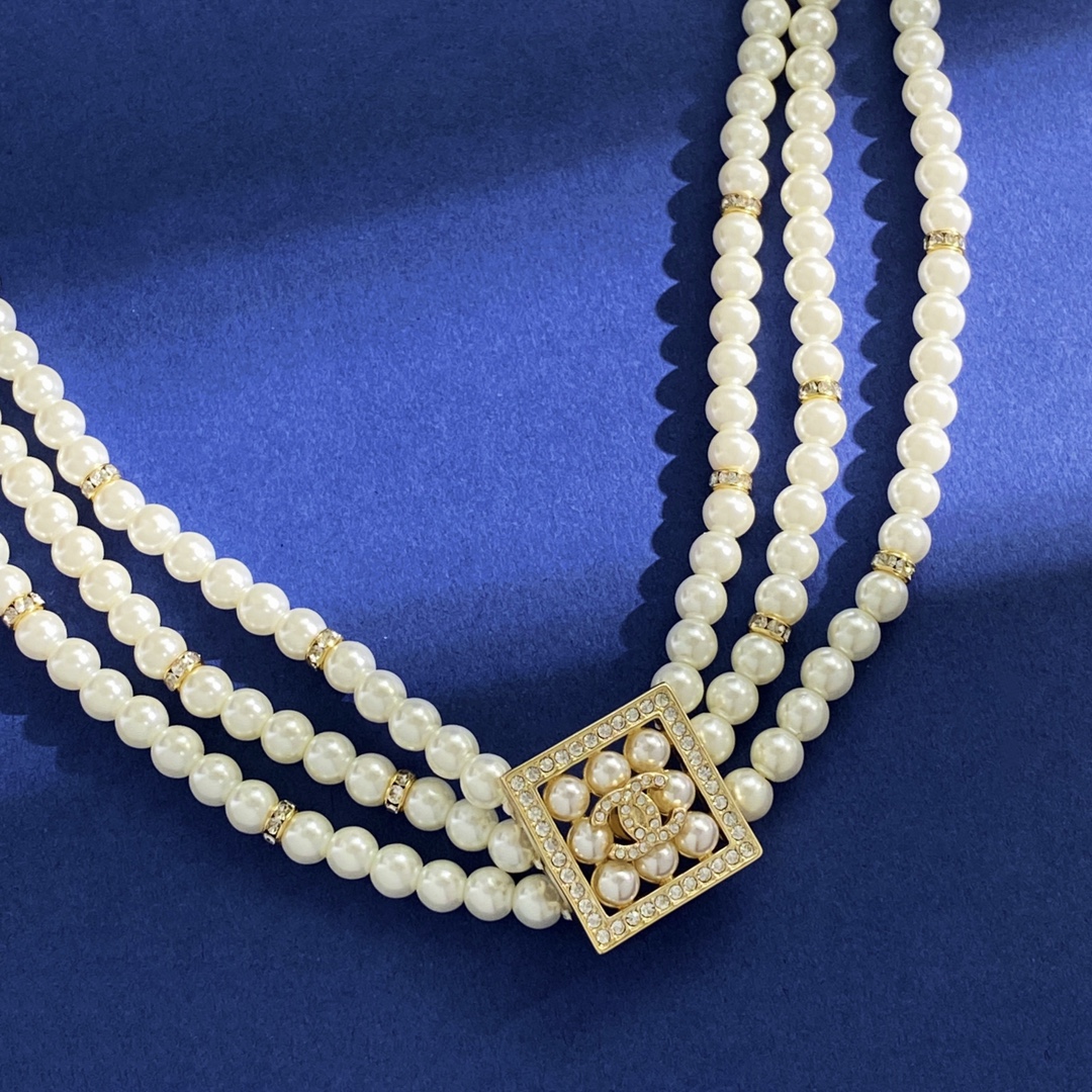 CCN076 Three layers pearl with square pendant choker necklace - ccjewelryacc