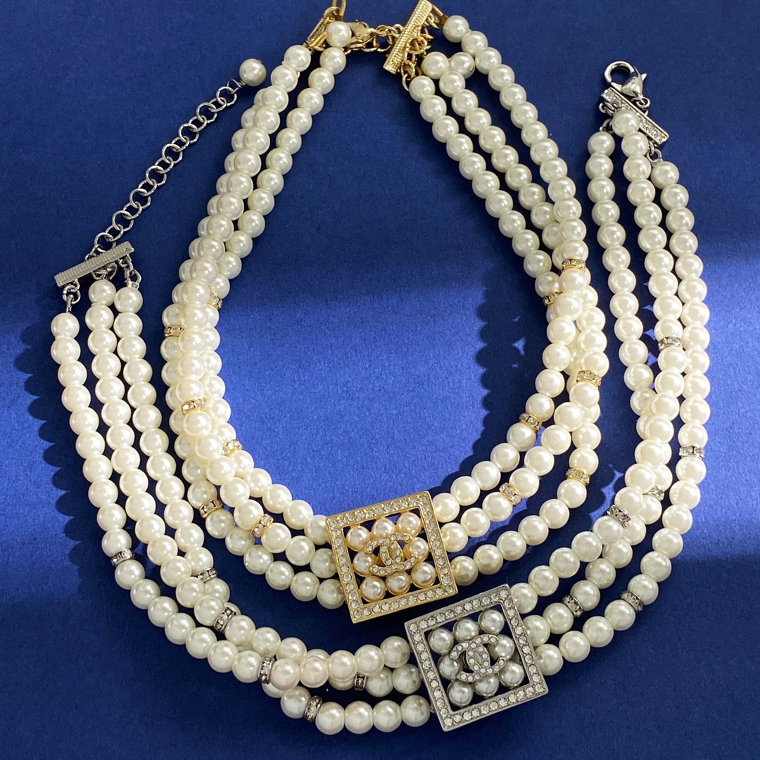 CCN076 Three layers pearl with square pendant choker necklace - ccfashionjewelry