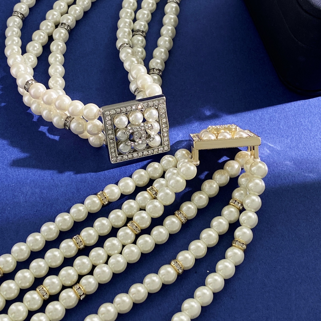 CCN076 Three layers pearl with square pendant choker necklace - ccjewelryacc