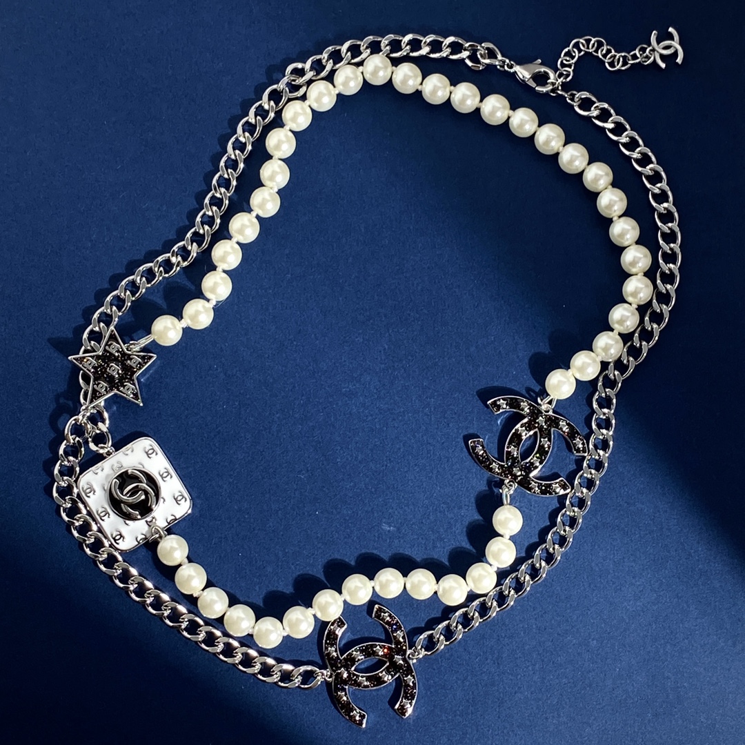 CCL066 Metal and pearl chain with star cc logo charm sweater necklace - ccjewelryacc