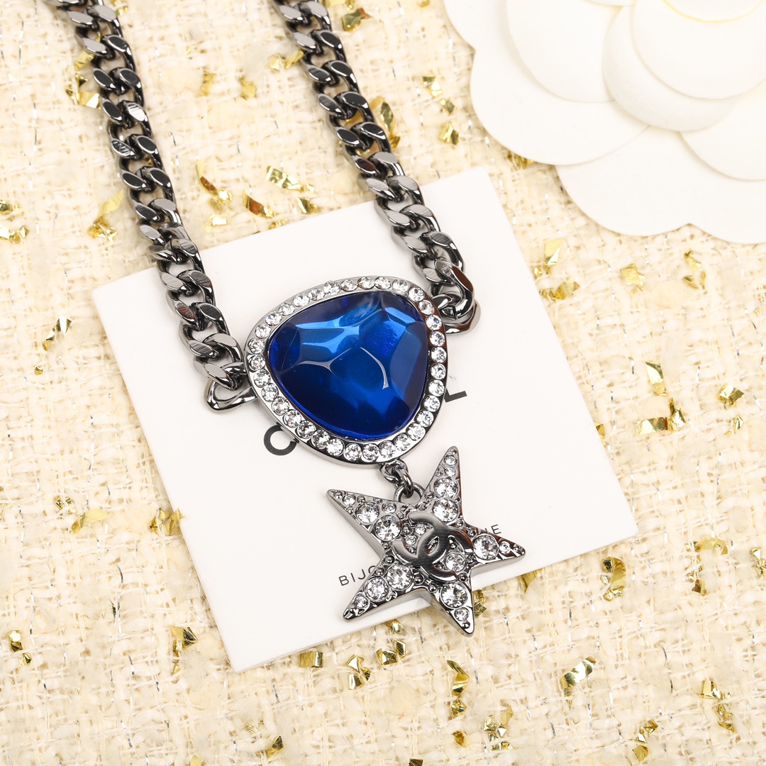 CCN504 Blue gemstone star with cc logo black necklace - ccjewelryacc