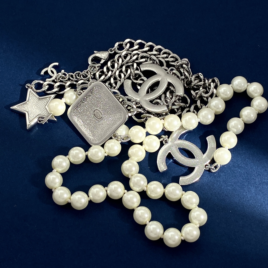 CCL066 Metal and pearl chain with star cc logo charm sweater necklace - ccjewelryacc