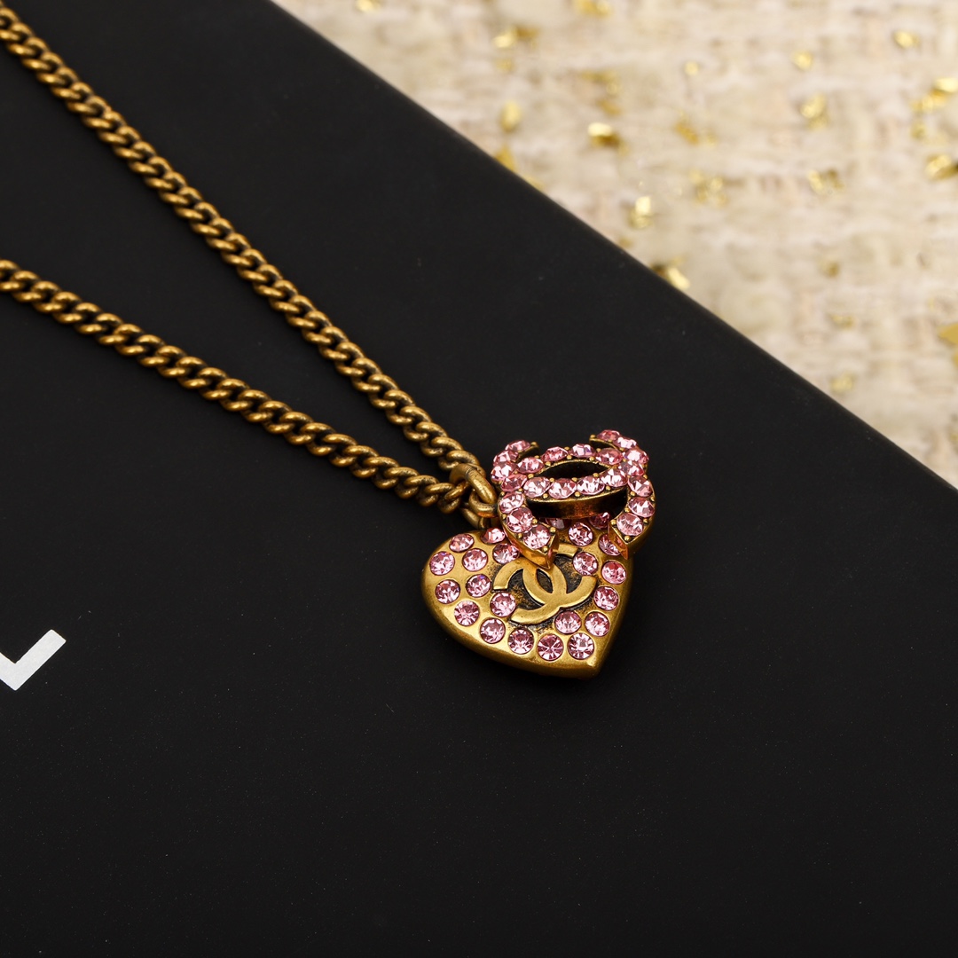 CCN505 Vintage Pink crystal heart and cc logo pendant necklace - ccjewelryacc