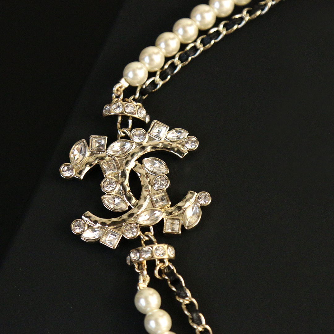 CCN203 Pearl And leather chain Double-deck CC Choker Necklace - ccjewelryacc