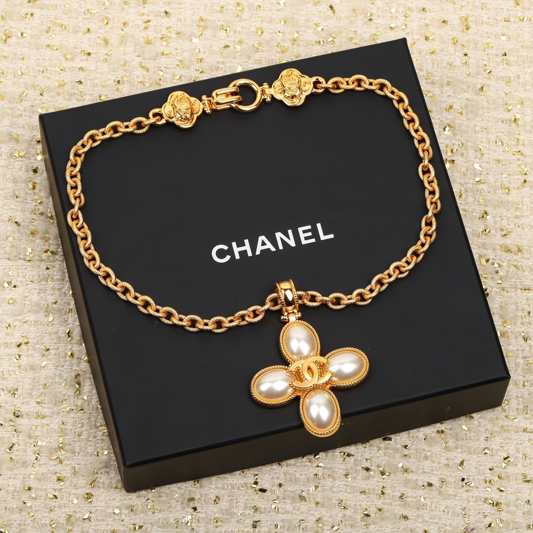 CCN509 Vintage Metal chunky chain Four-leaf flower pendant necklace - ccfashionjewelry