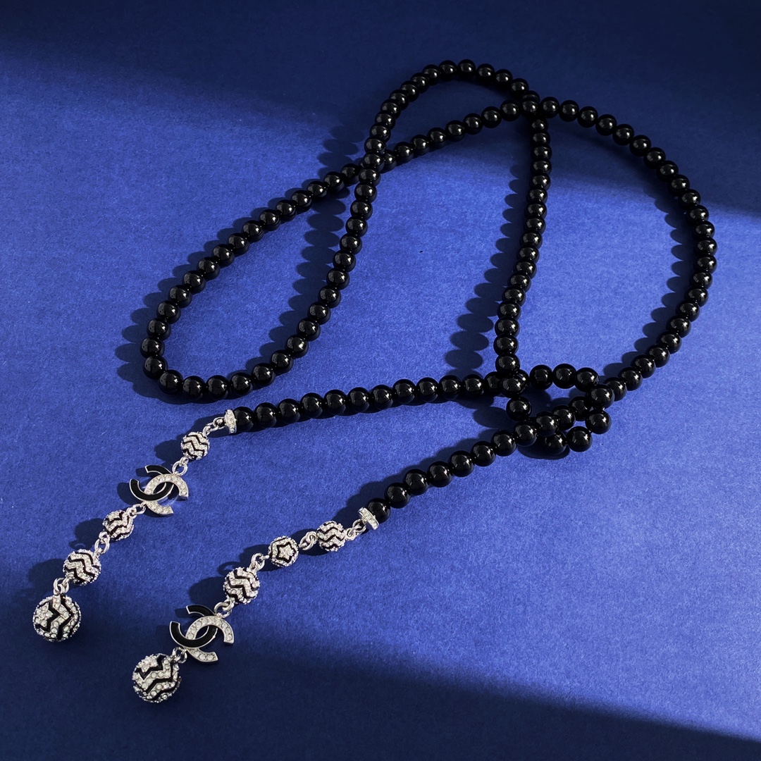 CCL072 Long pearl chain Black Halter sweater necklace - ccjewelryacc