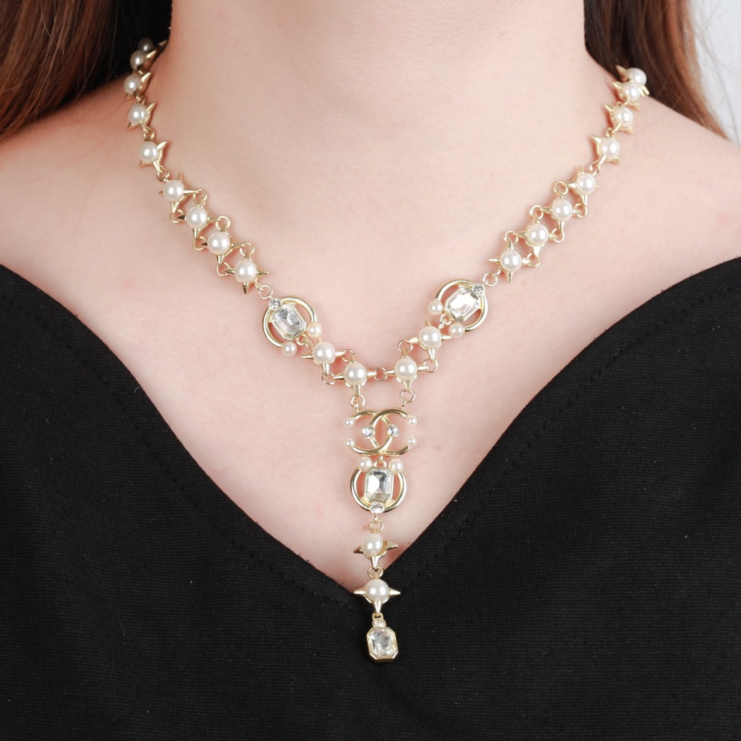 CCN516 Pearls and diamond Y necklace - ccjewelryacc
