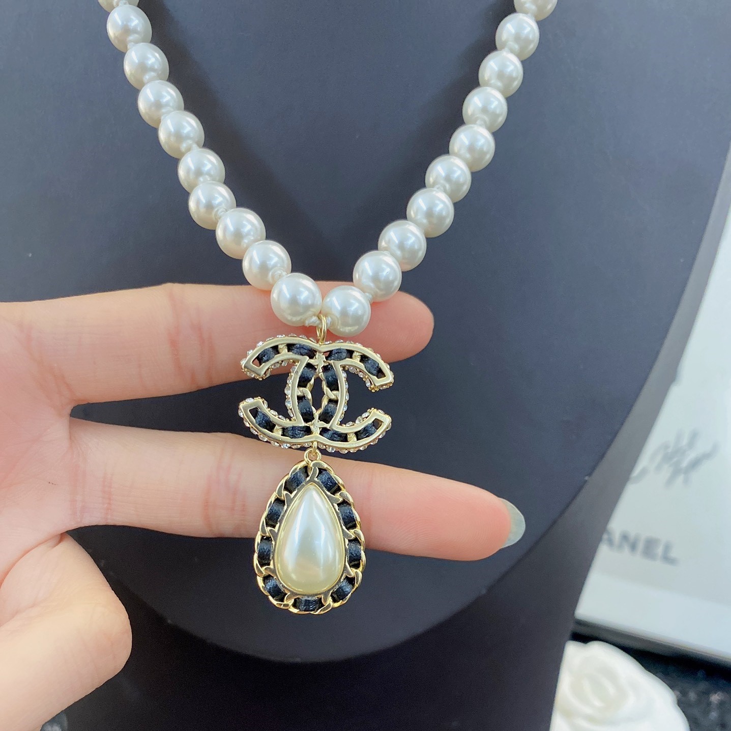 CCN511 Pearl Chain Metal leather drop pendant necklace - ccjewelryacc