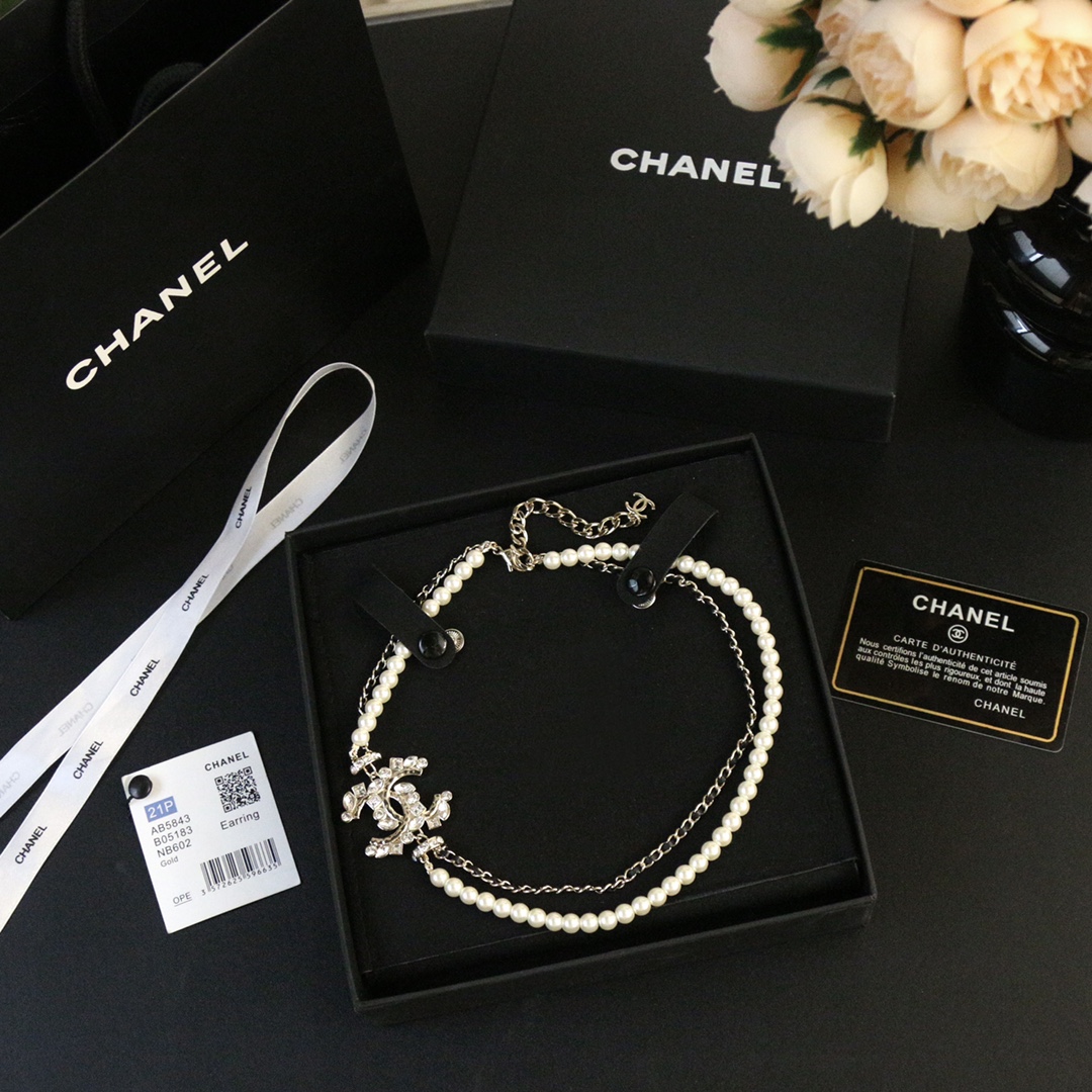 CCN203 Pearl And leather chain Double-deck CC Choker Necklace - ccfashionjewelry