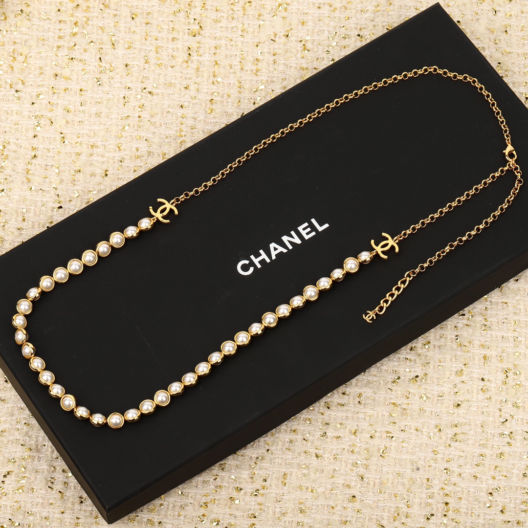 CCL057 CC pearl Sweater necklace long chain with cc logo - ccjewelryacc