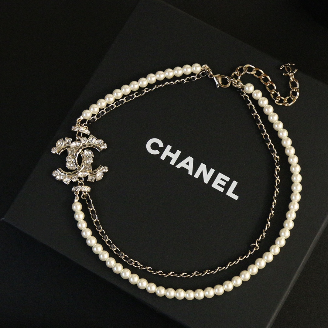 CCN203 Pearl And leather chain Double-deck CC Choker Necklace - ccfashionjewelry