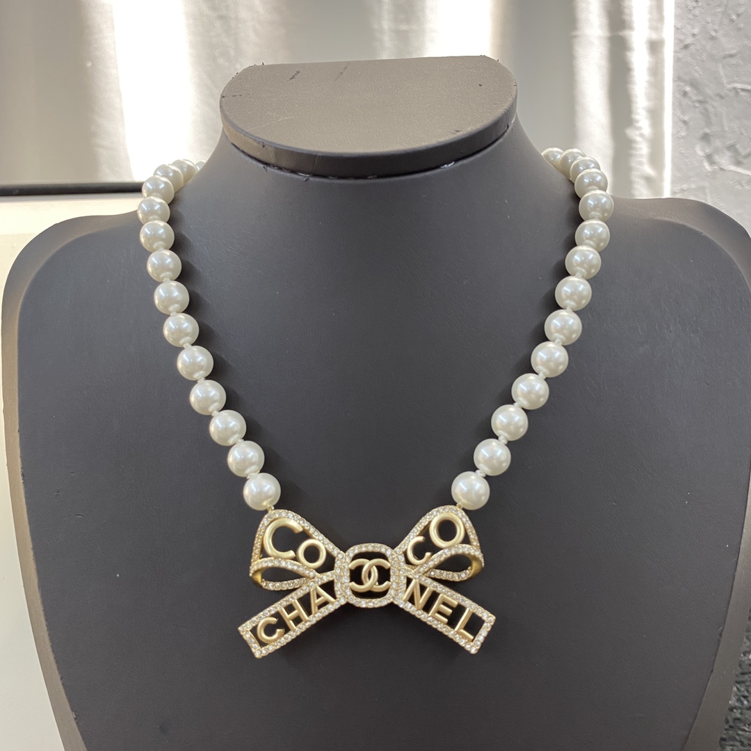 CCN510 Pearl Chain Metal Bow pendant necklace - ccjewelryacc