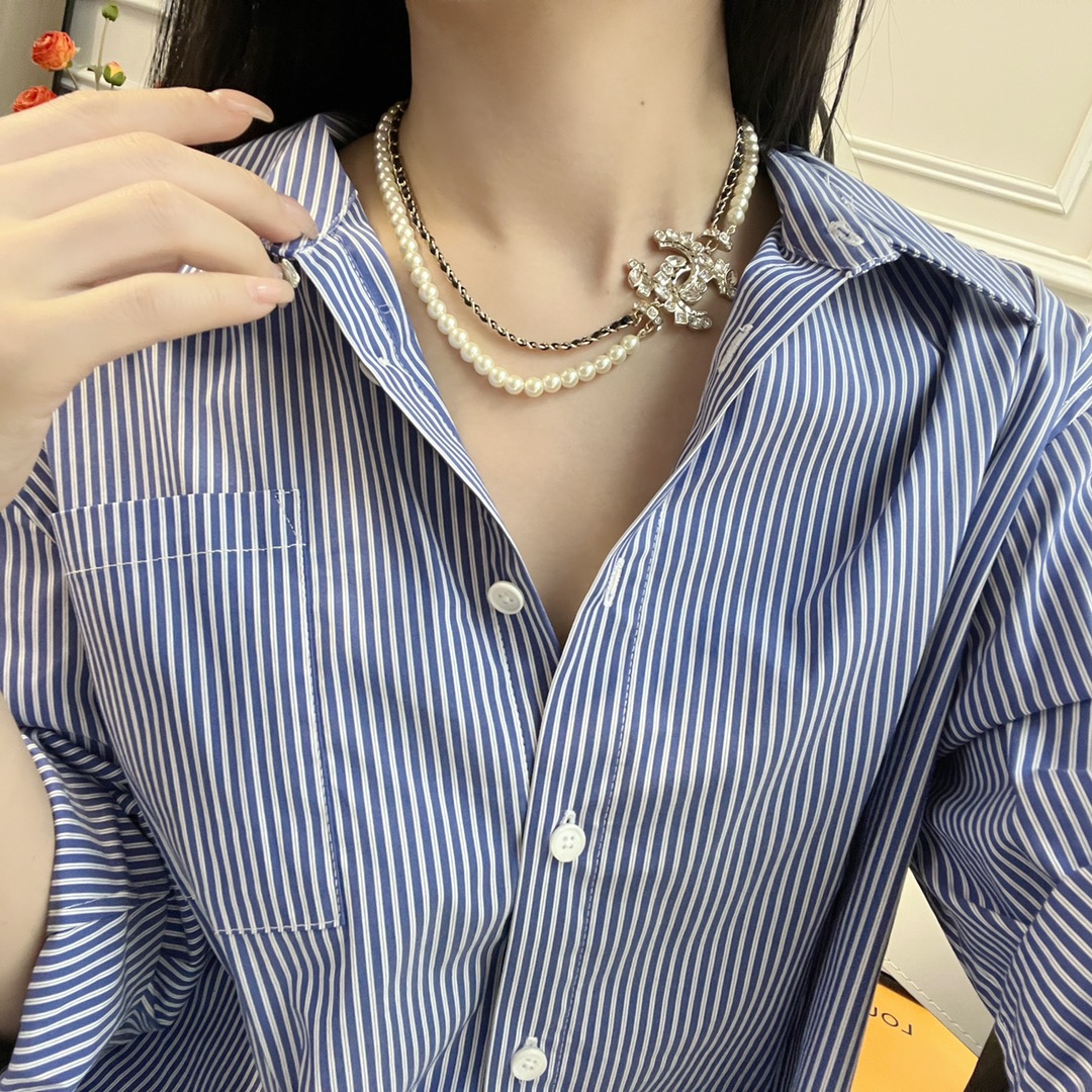 CCN203 Pearl And leather chain Double-deck CC Choker Necklace - ccjewelryacc