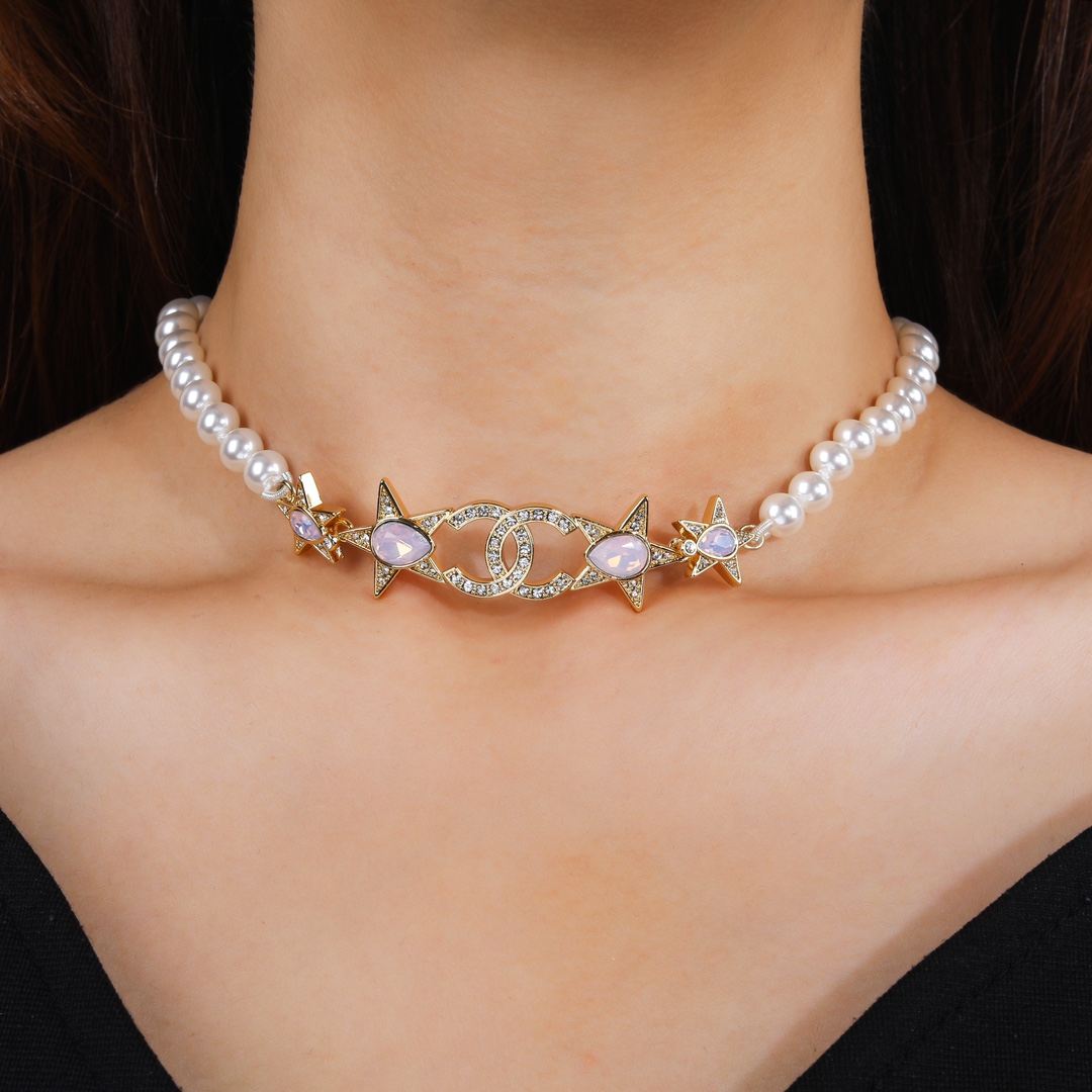 CCN154 Peal chain with Pink gemstone star and crystal cc logo choker necklace - ccjewelryacc