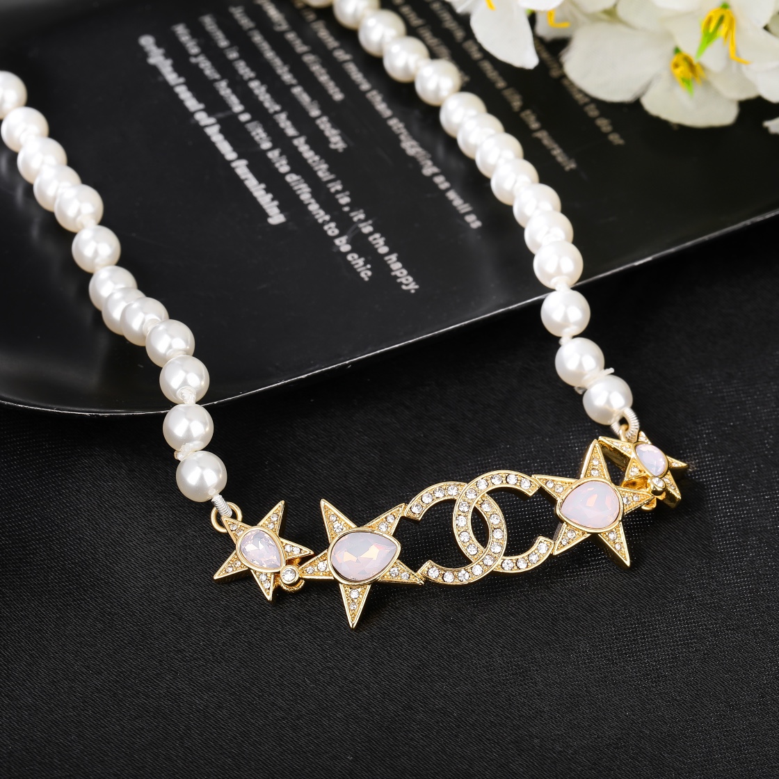 CCN154 Peal chain with Pink gemstone star and crystal cc logo choker necklace - ccjewelryacc
