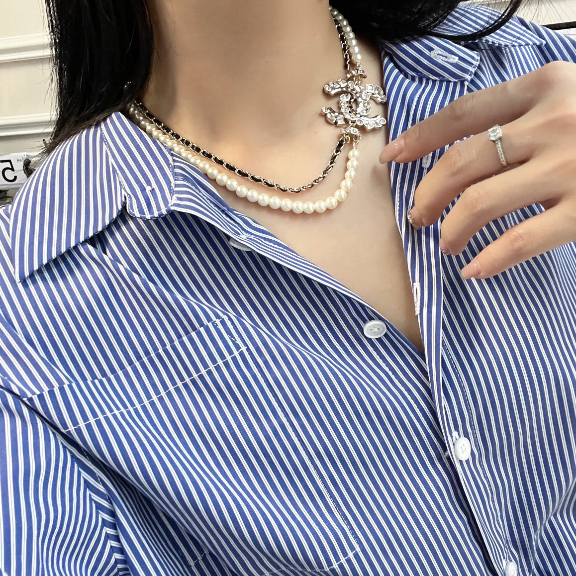 CCN203 Pearl And leather chain Double-deck CC Choker Necklace - ccjewelryacc