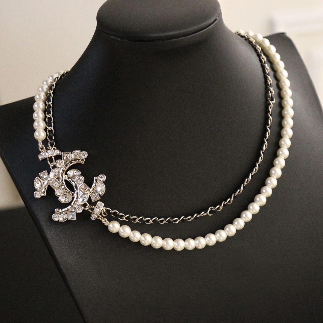 CCN203 Pearl And leather chain Double-deck CC Choker Necklace - ccjewelryacc