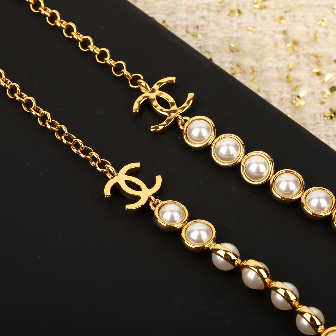 CCL057 CC pearl Sweater necklace long chain with cc logo - ccjewelryacc