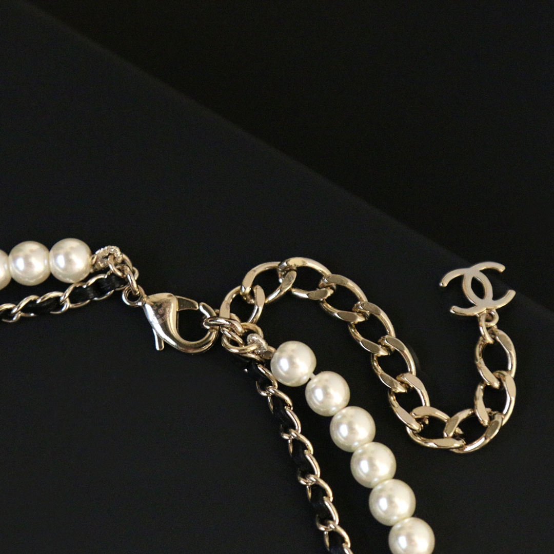 CCN203 Pearl And leather chain Double-deck CC Choker Necklace - ccjewelryacc