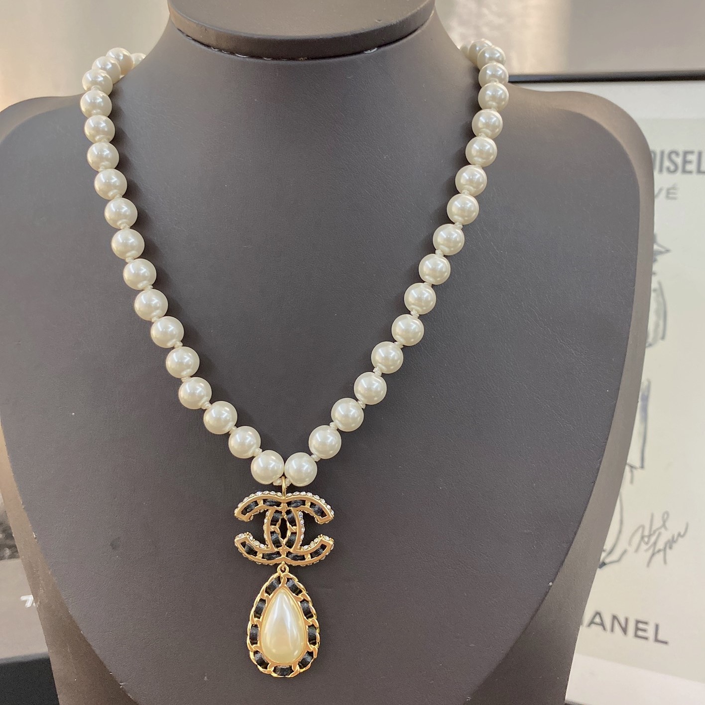 CCN511 Pearl Chain Metal leather drop pendant necklace - ccfashionjewelry