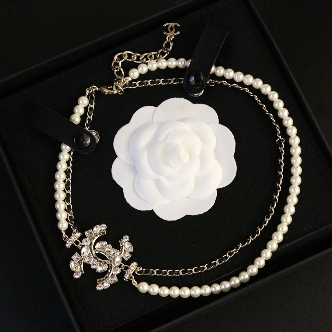 CCN203 Pearl And leather chain Double-deck CC Choker Necklace - ccjewelryacc