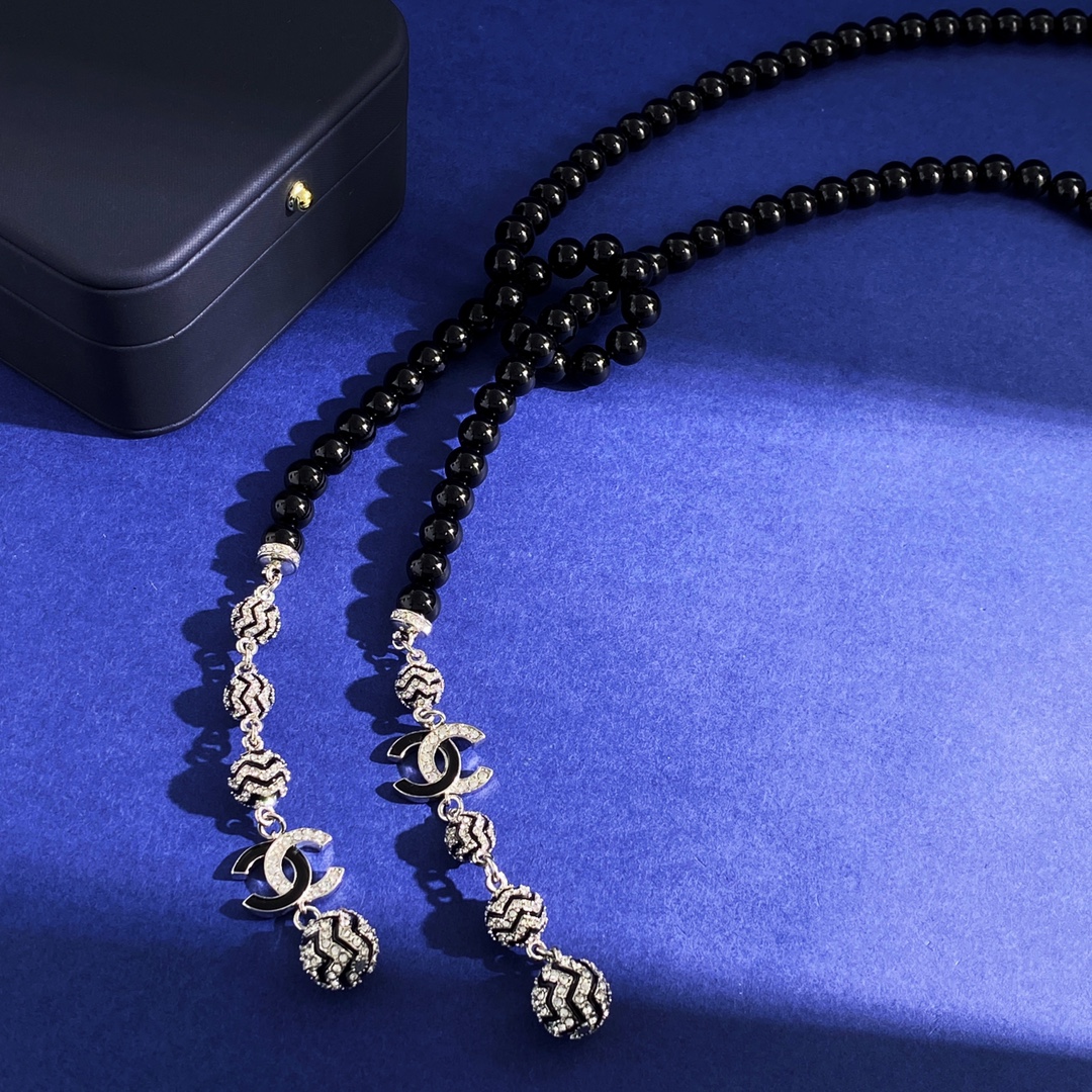 CCL072 Long pearl chain Black Halter sweater necklace - ccjewelryacc