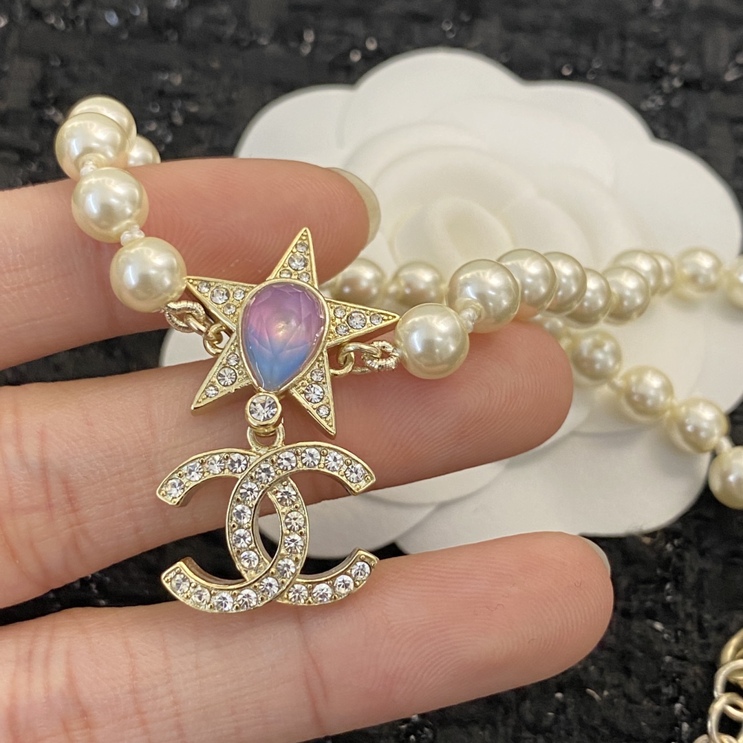 CCN154 Peal chain with Pink gemstone star and crystal cc logo choker necklace - ccjewelryacc