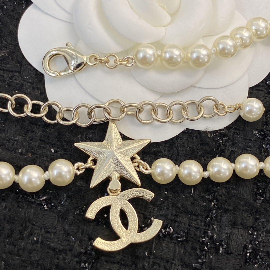 CCN154 Peal chain with Pink gemstone star and crystal cc logo choker necklace - ccjewelryacc