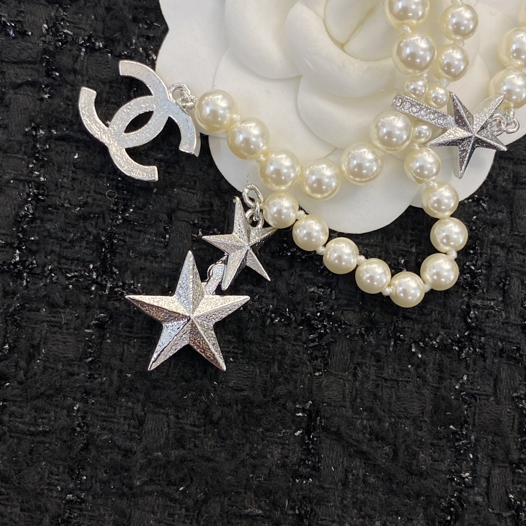 CCN516 Peal chain with Green gemstone star and crystal cc logo pendant necklace - ccjewelryacc