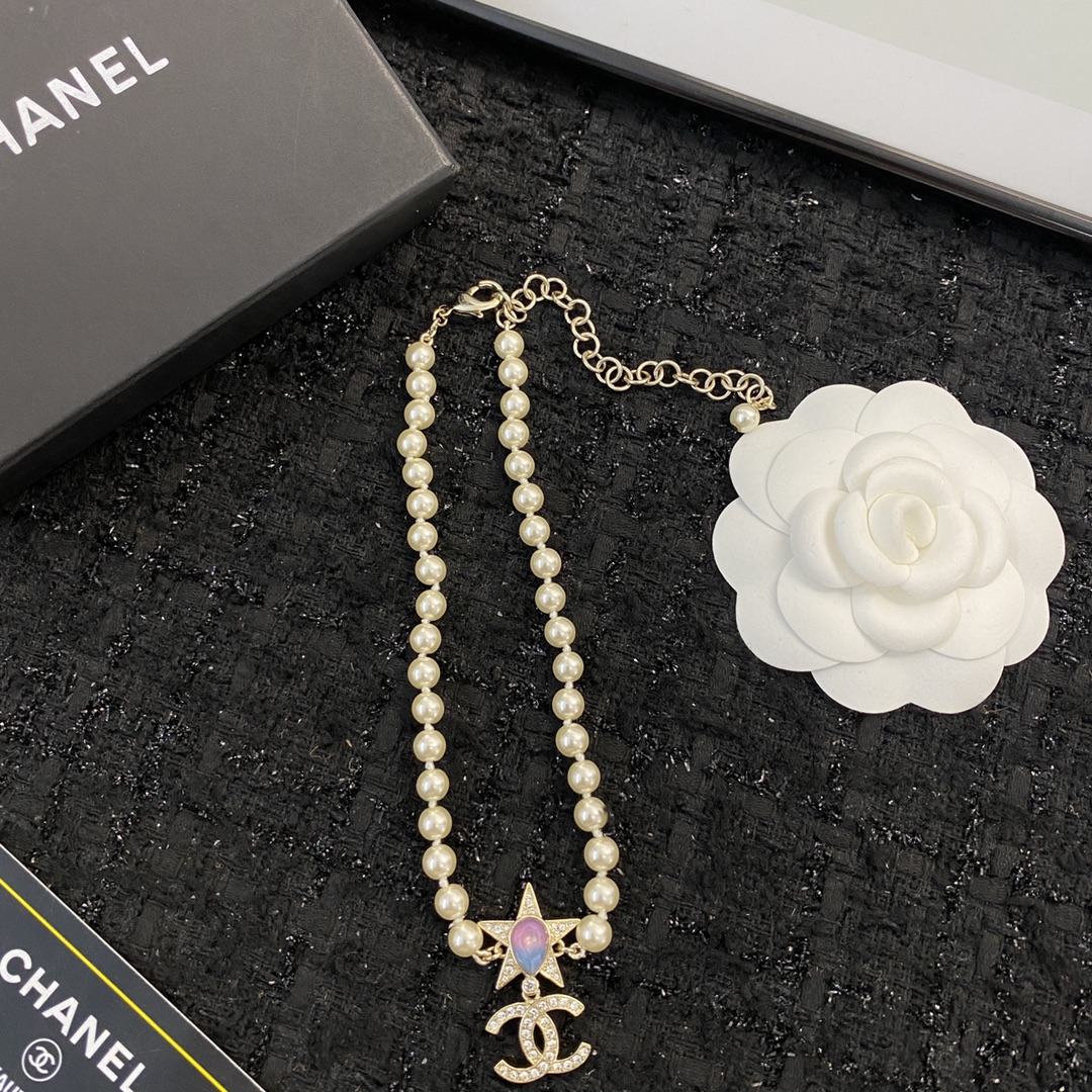 CCN154 Peal chain with Pink gemstone star and crystal cc logo choker necklace - ccjewelryacc