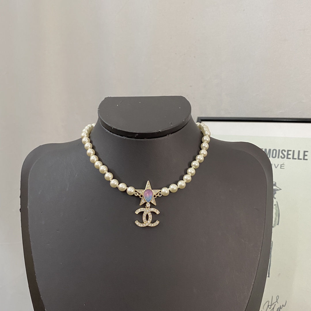 CCN154 Peal chain with Pink gemstone star and crystal cc logo choker necklace - ccjewelryacc