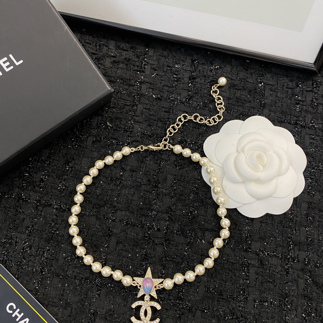 CCN154 Peal chain with Pink gemstone star and crystal cc logo choker necklace - ccjewelryacc