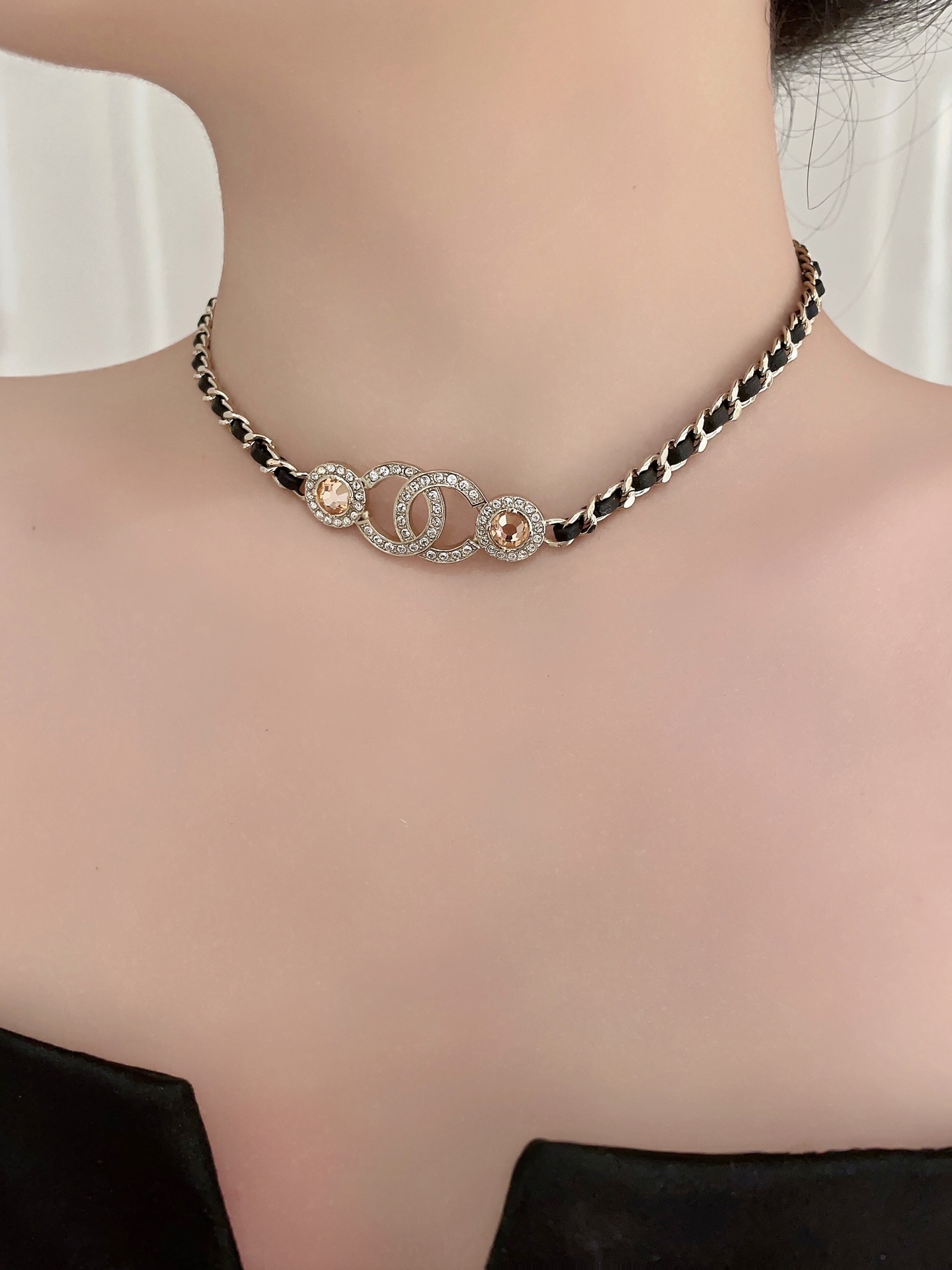 CCN517 Metal leather chain with crystal CC Logo choker necklace - ccjewelryacc