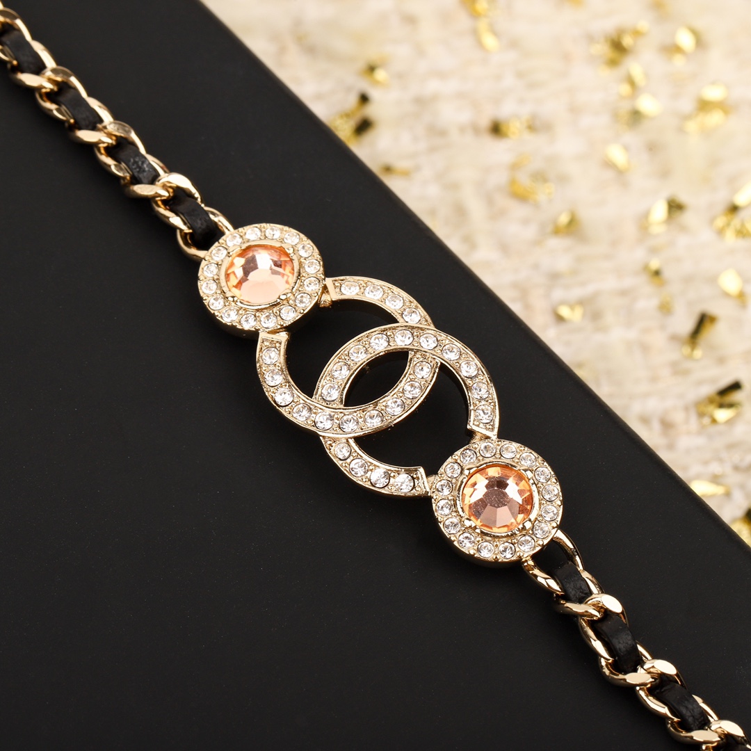 CCN517 Metal leather chain with crystal CC Logo choker necklace - ccjewelryacc