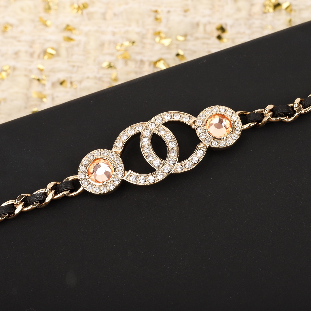 CCN517 Metal leather chain with crystal CC Logo choker necklace - ccjewelryacc