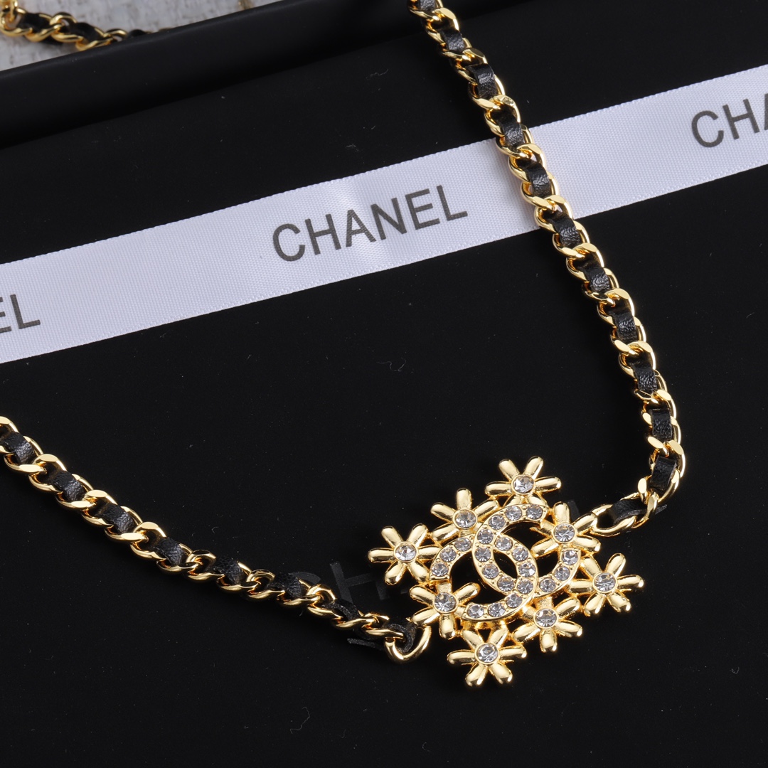 CCN087 Chanel Square snowflake with cc logo choker necklace metal leater chain - ccjewelryacc