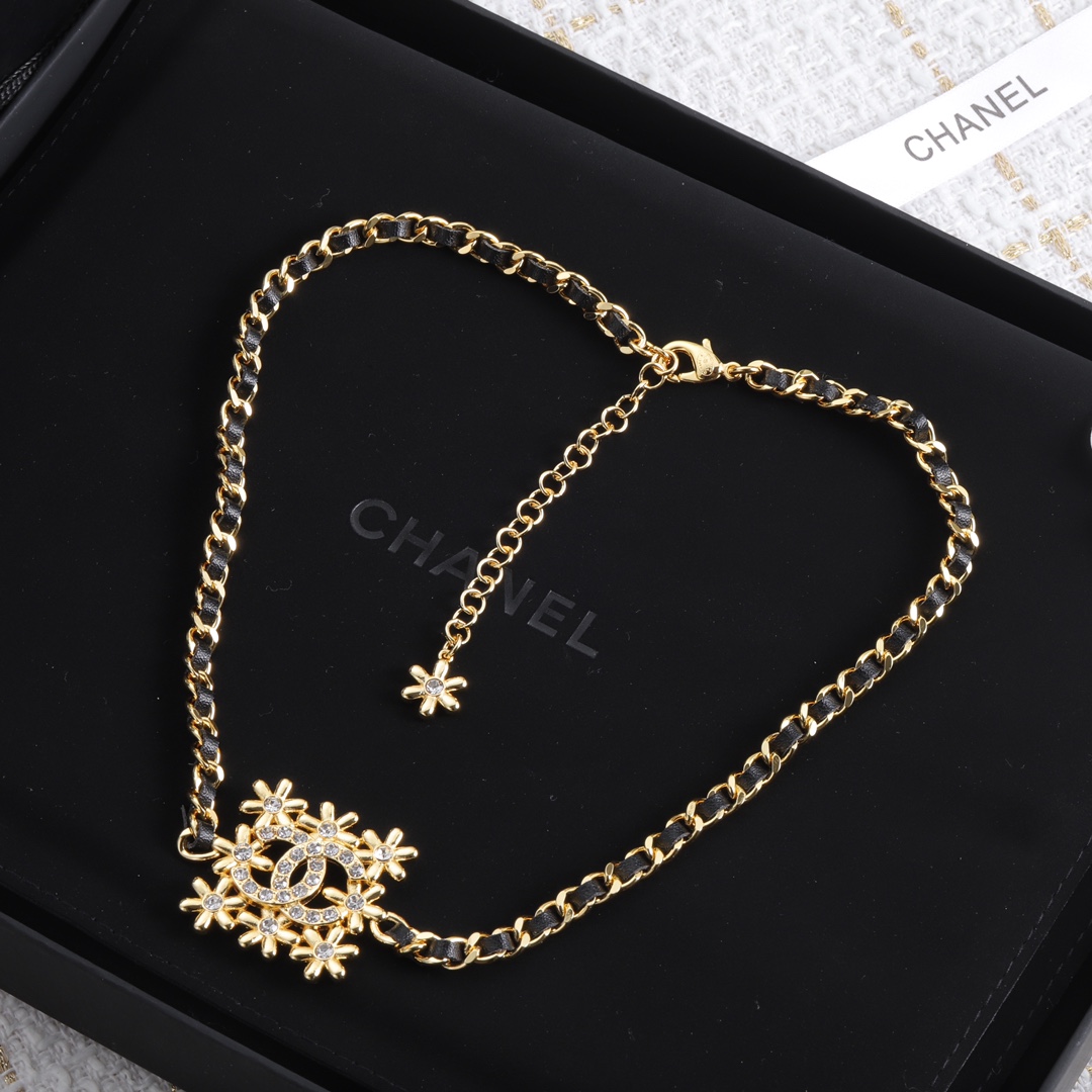 CCN087 Chanel Square snowflake with cc logo choker necklace metal leater chain - ccjewelryacc